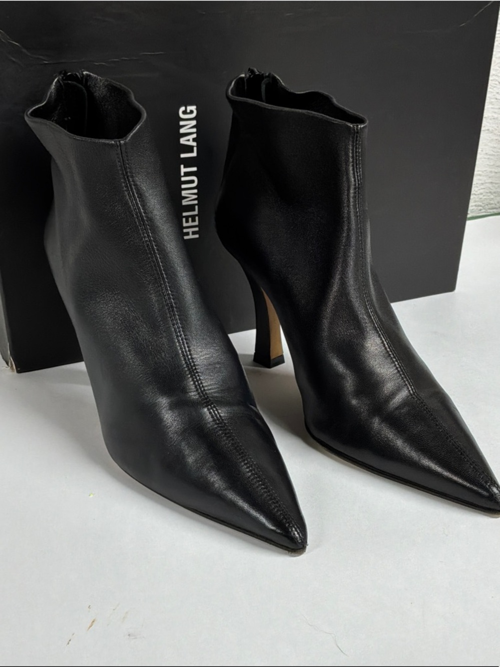 Helmut Lang Black Pointed Toe Leather Ankle Booties, Very Good  , Sz IT 36.5